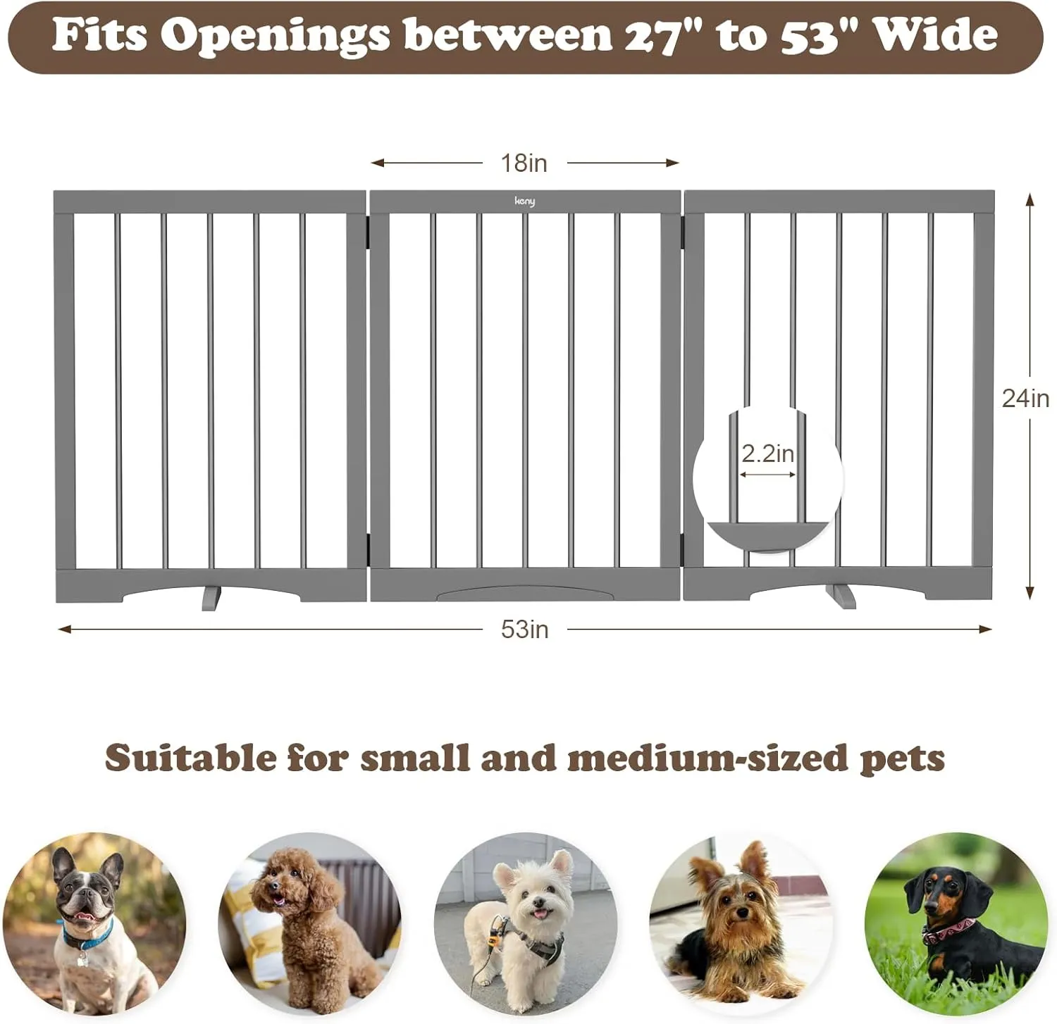 keny Dog Gate Indoor, 3 Panel Freestanding Dog Gates with Support Feet for Stairs, Pet Gates for Doorways Hallways, Foldable Pet Barrier for Puppy Sturdy, 53" L x 24" H, Grey