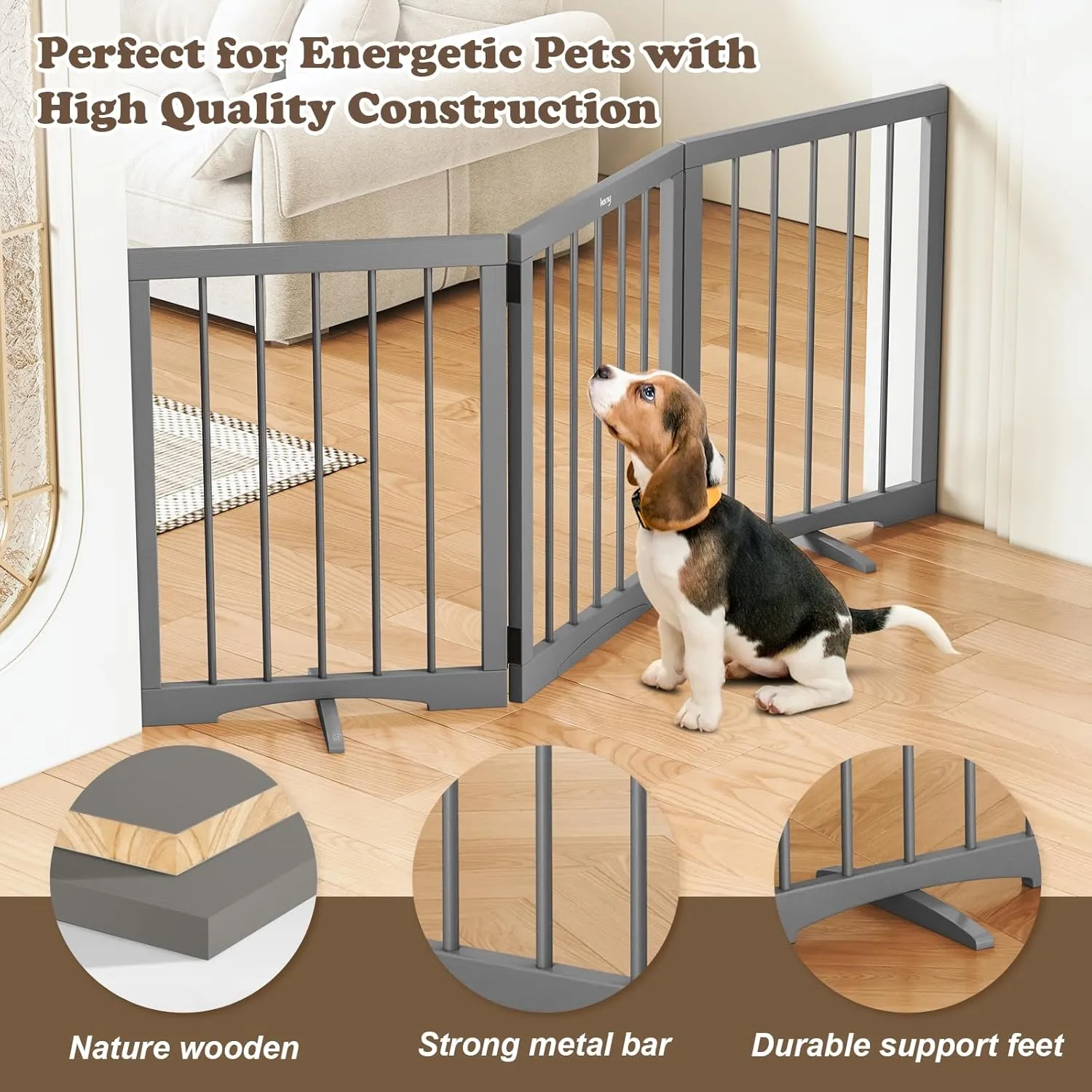 keny Dog Gate Indoor, 3 Panel Freestanding Dog Gates with Support Feet for Stairs, Pet Gates for Doorways Hallways, Foldable Pet Barrier for Puppy Sturdy, 53" L x 24" H, Grey
