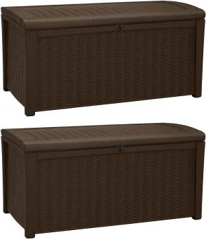 Keter Borneo 110 Gallon All Weather Weatherproof Rattan Wicker Resin Outdoor Backyard Patio Porch Deck Organization Storage Box Bench, Brown (2 Pack)