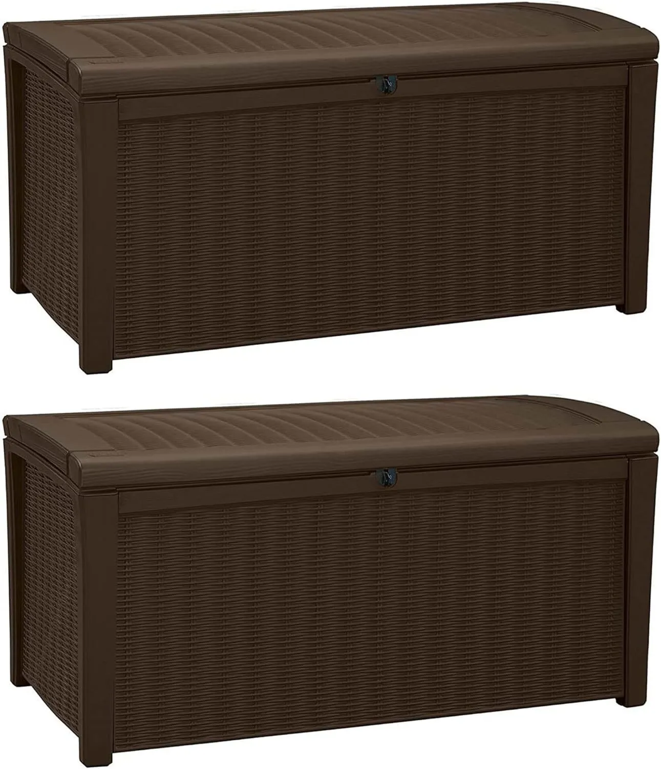 Keter Borneo 110 Gallon All Weather Weatherproof Rattan Wicker Resin Outdoor Backyard Patio Porch Deck Organization Storage Box Bench, Brown (2 Pack)