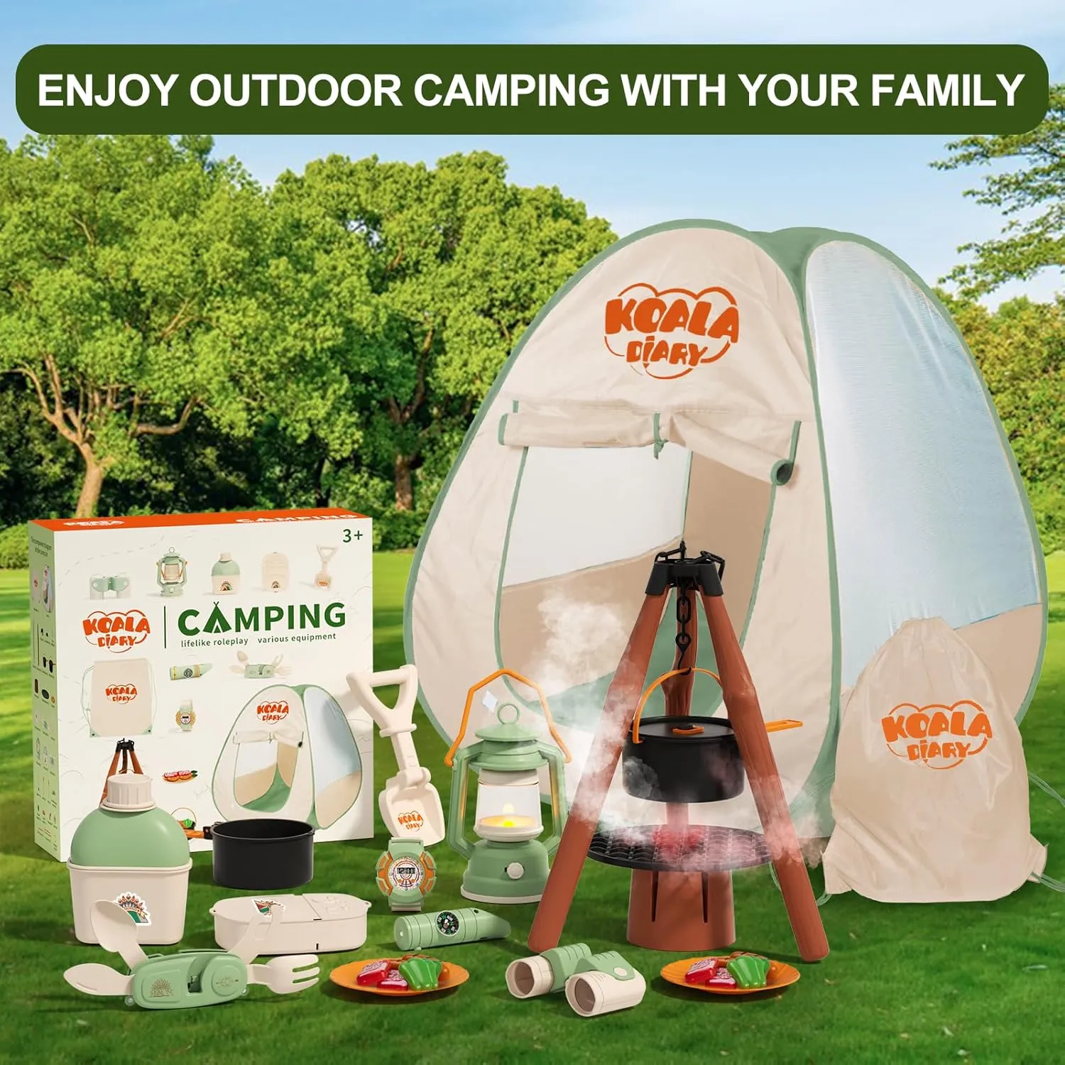 Kids Camping Set – an Indoor/Outdoor Pretend Play Adventure kit Featuring a Tent, Oil lamp, Stove, and More. Perfect for Ages 3 