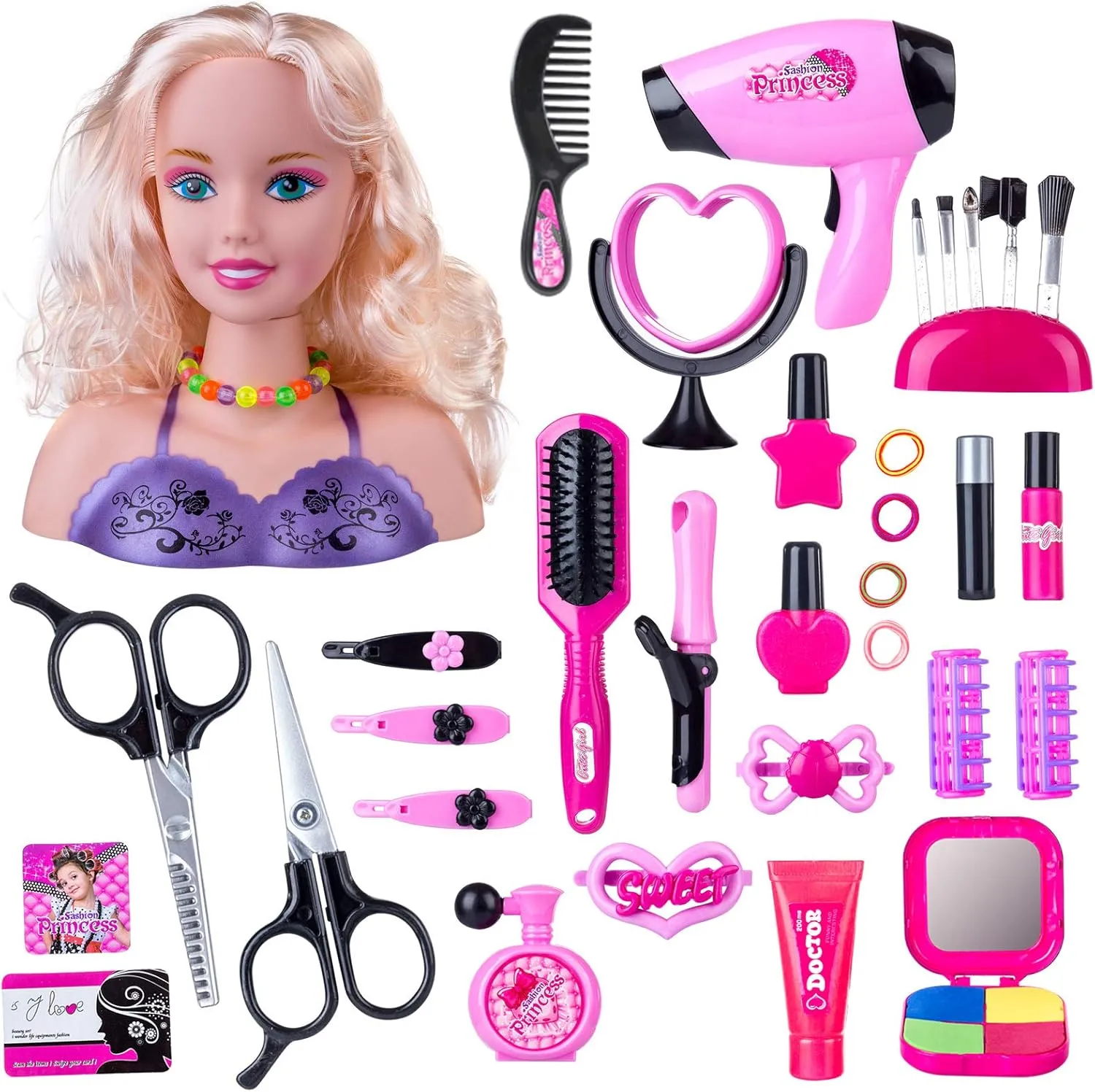 Kids Hair Styling Doll with Makeup Practice, Includes Hair Dryer & Accessories (Purple)