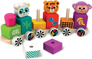 Kids Hits Wooden Train – Happy Friends 15-Piece ABC Animal Stacking Train Toy with Pull-Along Function for Toddlers 1 , Montessori Alphabet & Logic Toy