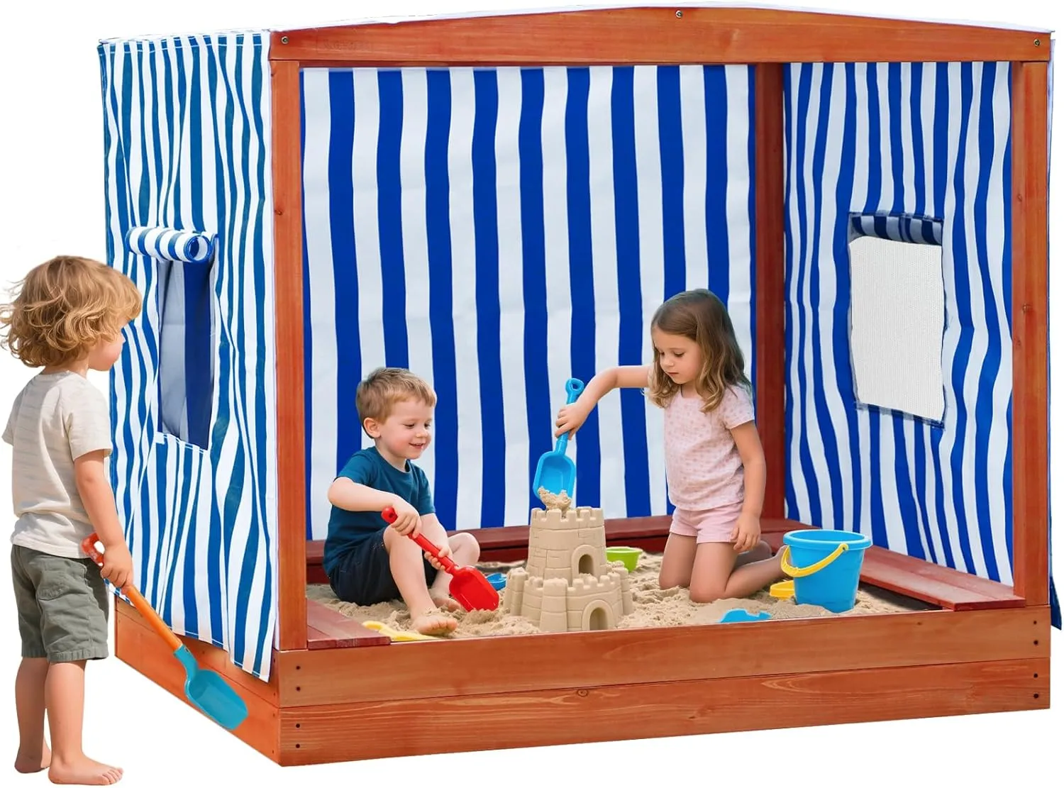 Kids' Outdoor Wooden Sandbox Large，Sandbox with Cover for Backyard with Rainproof and 3 Bench Seats,Outdoor Playhouse Cedar Wood,Sand Protection,Bottom Liner(58 Inch)
