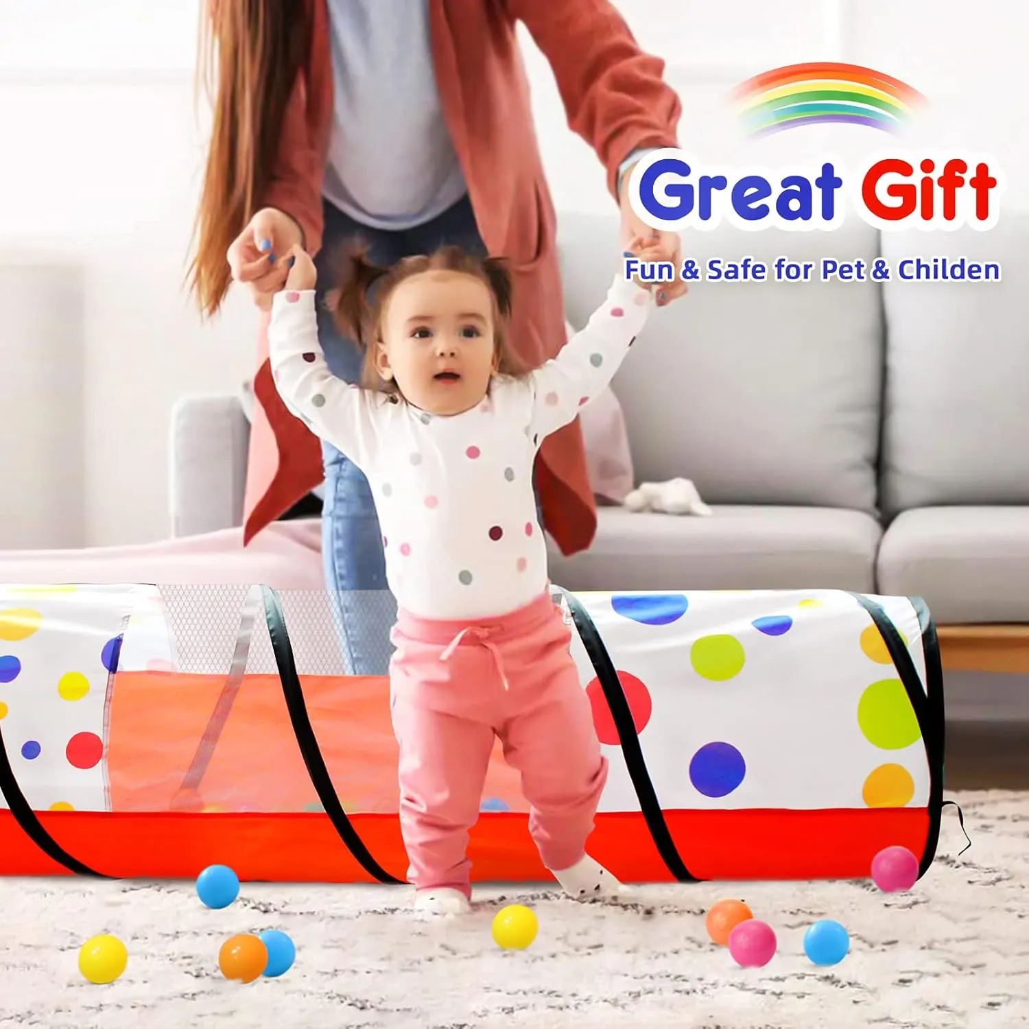 Kids Play Tunnel for Toddlers, Pop Up Crawl Through Tunnel Play Tent for Baby Infant Children or Dog with 2 Mesh Sides, Kids Tunnel Toys or Gift Indoor & Outdoor (Red Crawling Tent with Dots)