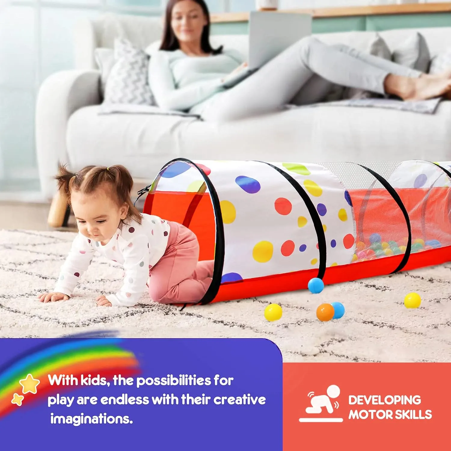 Kids Play Tunnel for Toddlers, Pop Up Crawl Through Tunnel Play Tent for Baby Infant Children or Dog with 2 Mesh Sides, Kids Tunnel Toys or Gift Indoor & Outdoor (Red Crawling Tent with Dots)