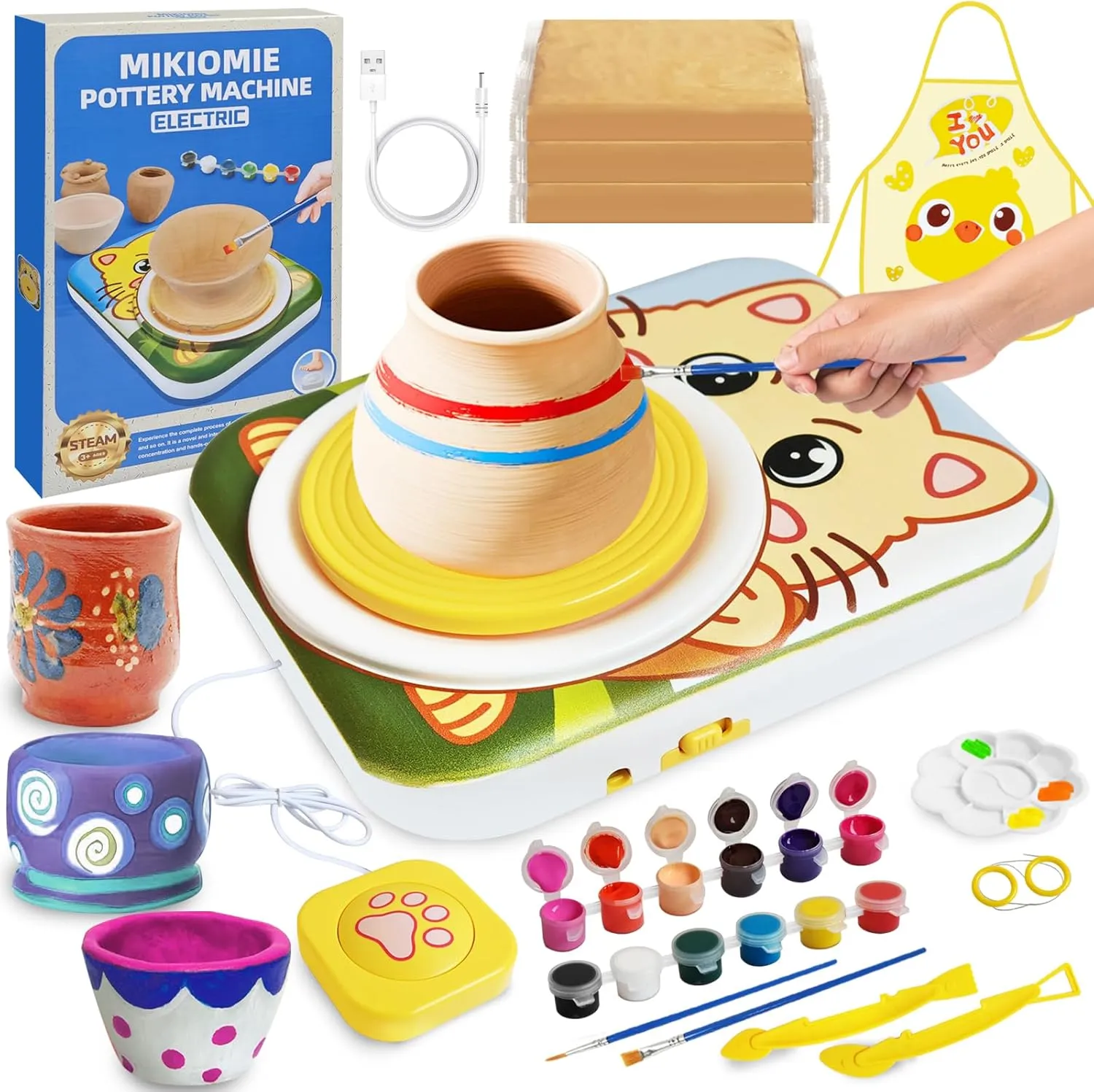 Kids Pottery Wheel Kit with Foot Pedal, USB Power, 3 Clay Packs, Apron, Tools, Complete Mini Pottery Studio for Beginners, Christmas Halloween Arts & Crafts Toy Gift