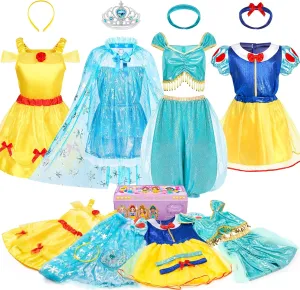 Kids Princess Dress Up Clothes for Little Girls, BIBUTY Pretend Play & Costume Set with Dresses Crown Cape Toys Gifts 3-6 Toddler Green/Blue/Yellow/Light Blue (WN-2301)