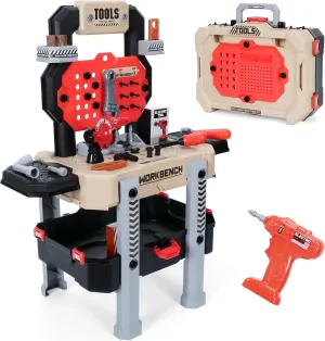 Kids Tool Bench Set with Electric Drill and Realistic Tool, 2-in-1 Pretend Play Construction Workbench Toys for Boys & Girls, Ages 3 , Gray