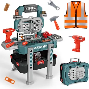 Kids Tool Bench with Realistic Tools and Electric Drill, Suitable for 3-5 Year Olds to Build Their Own Toy Workbench, 79 Pcs Realistic Toy Tools with Clothes, 32 x 26.6 x 14.4 in-Green