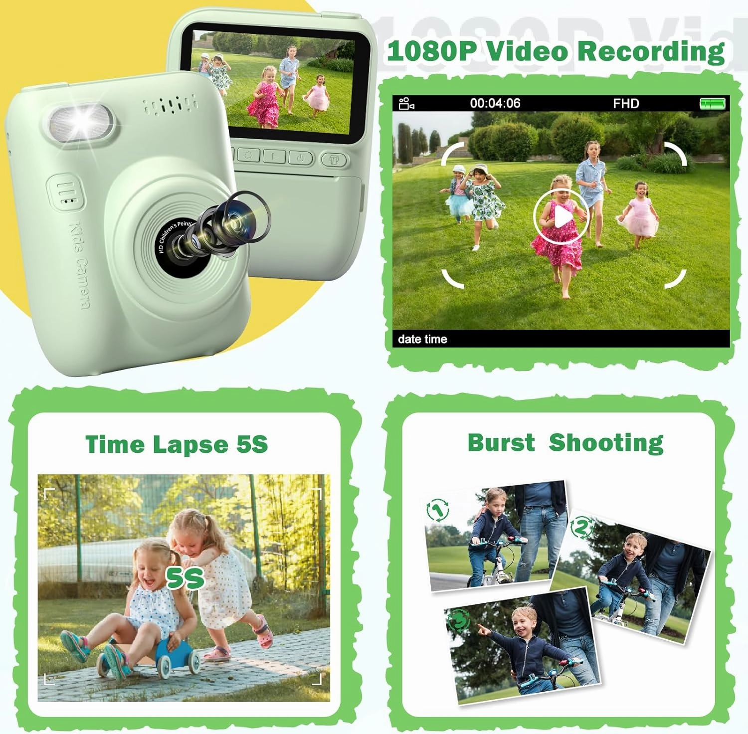 Kids Camera Instant Print | Birthday Graduation Gifts for Kids Age 3 4 5 6 7 8 9 | Toddler Portable Travel Print Digital Camera Outdoor Toy for 3-12 Boys Girls (Green)