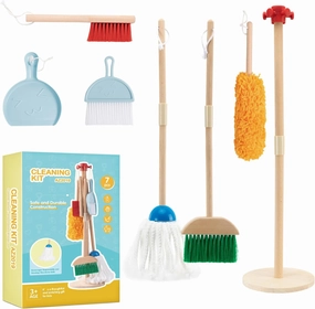 Kids Cleaning Toy Set, Wooden Toddler Cleaning Set Including Broom Mop Duster Dustpan 2 Brushes and Stand, Sturdy Actual Kids Cleaning Set in Pretend Play as Gifts for Children Age 3 
