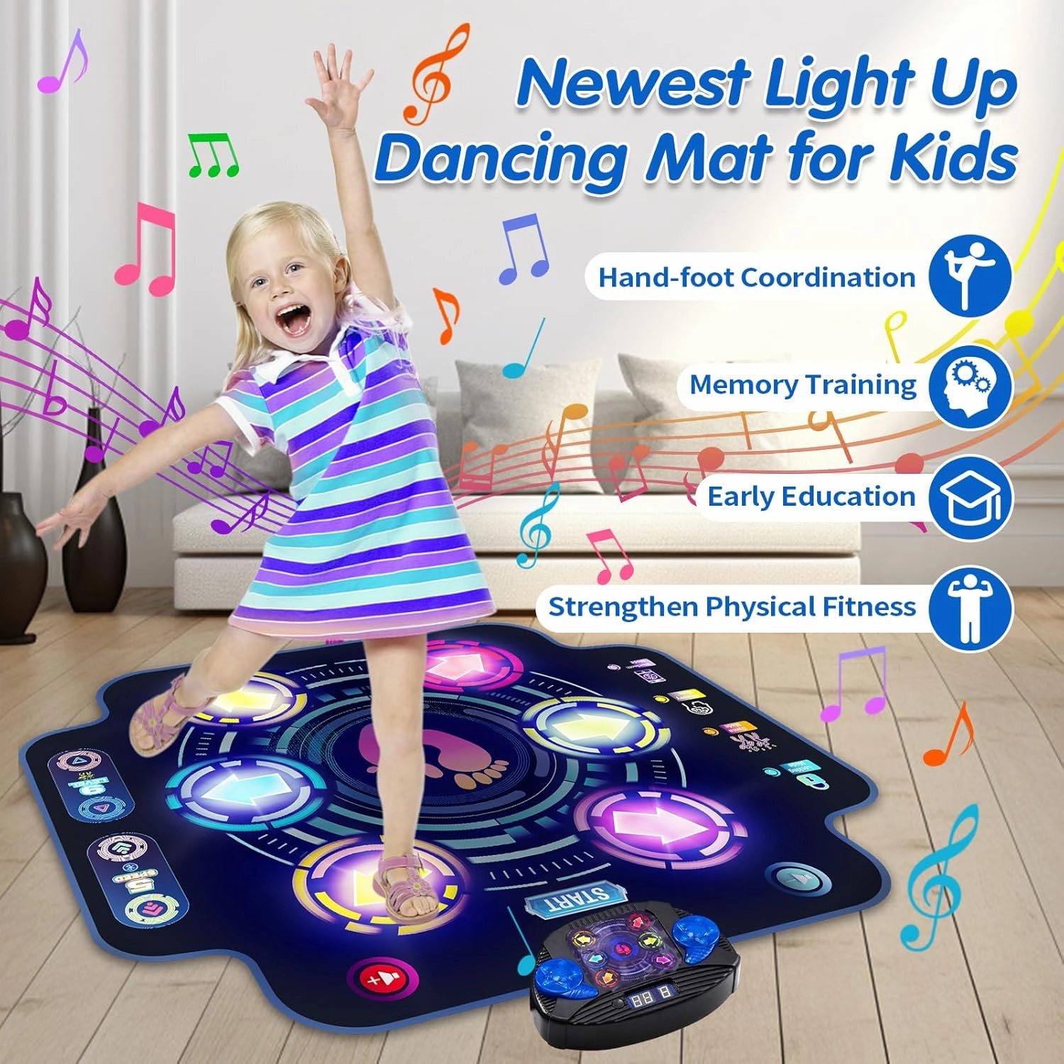 Kids Electronic Dance Pad with Light-up 6-Button & Wireless Bluetooth, Music Dance Game Mat with Built-in Music 9 Levels and 3 Modes, Birthday Gifts, Toys for Girls Ages 4-8, 8-12