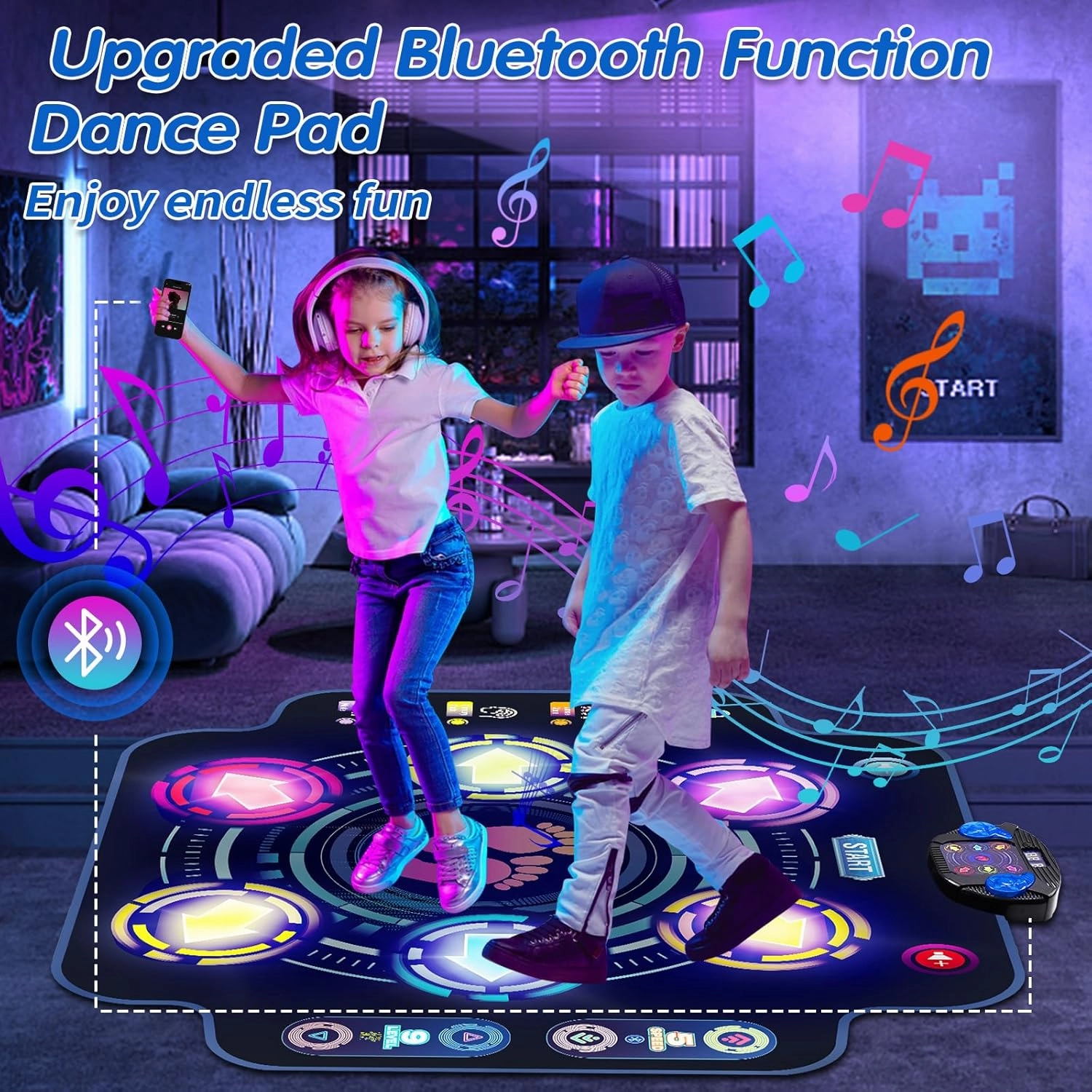 Kids Electronic Dance Pad with Light-up 6-Button & Wireless Bluetooth, Music Dance Game Mat with Built-in Music 9 Levels and 3 Modes, Birthday Gifts, Toys for Girls Ages 4-8, 8-12