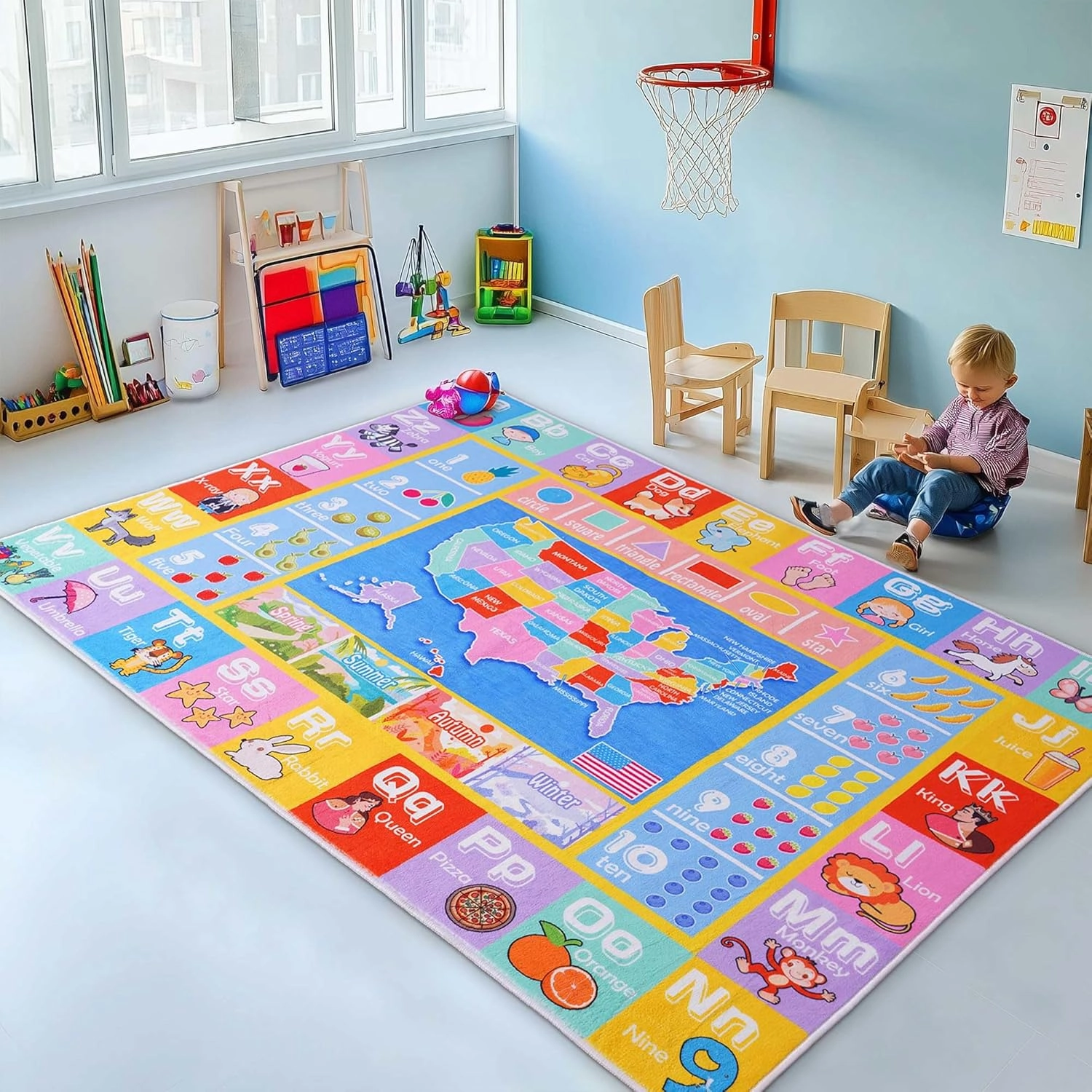 Kids Rugs for Playroom - Soft & Non-Slip 3x4 Feet Educational Rug for Learning ABC Alphabet, Numbers, Shapes & Map, Washable Classroom Rug for Toddler Nursery & Kids Room Decor
