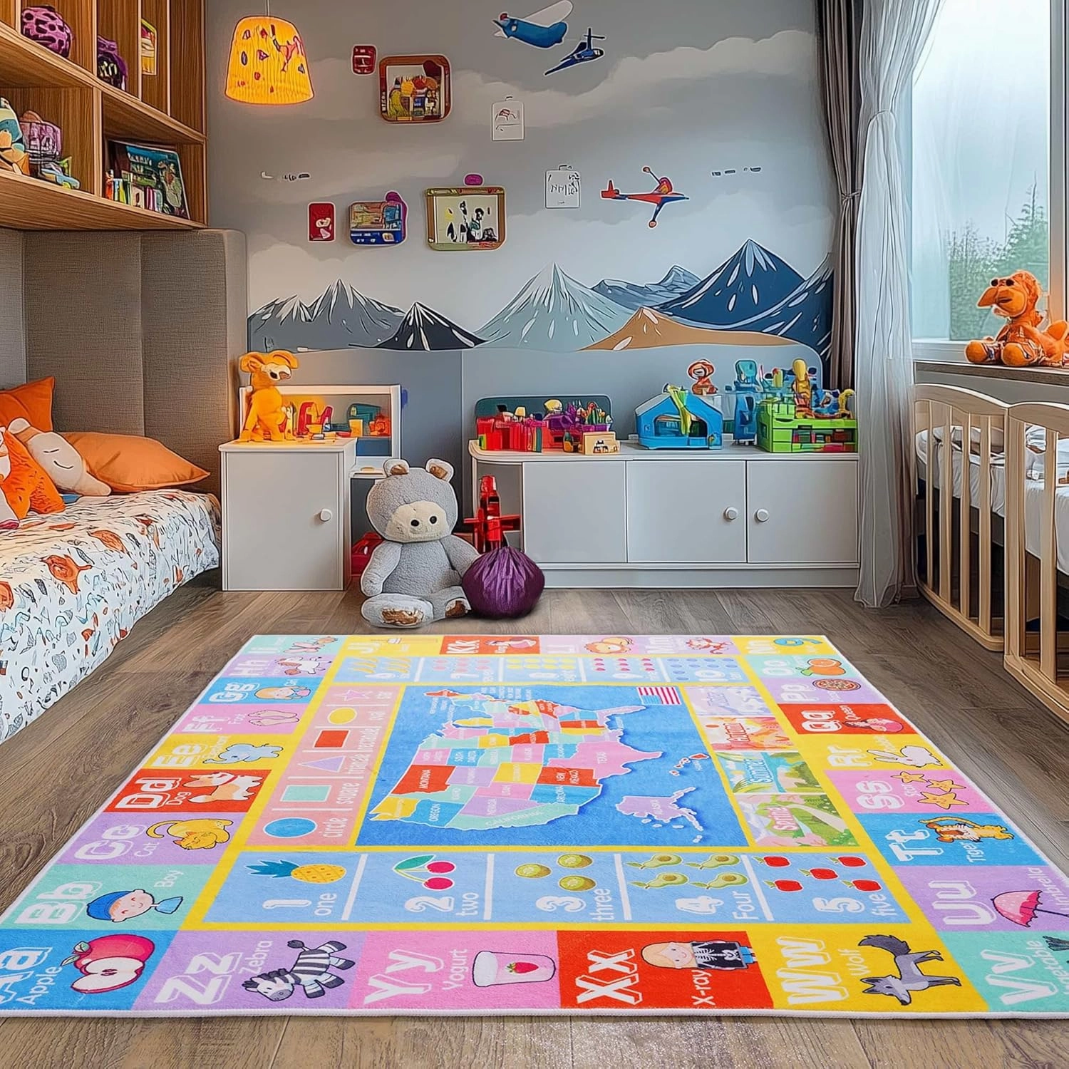 Kids Rugs for Playroom - Soft & Non-Slip 3x4 Feet Educational Rug for Learning ABC Alphabet, Numbers, Shapes & Map, Washable Classroom Rug for Toddler Nursery & Kids Room Decor