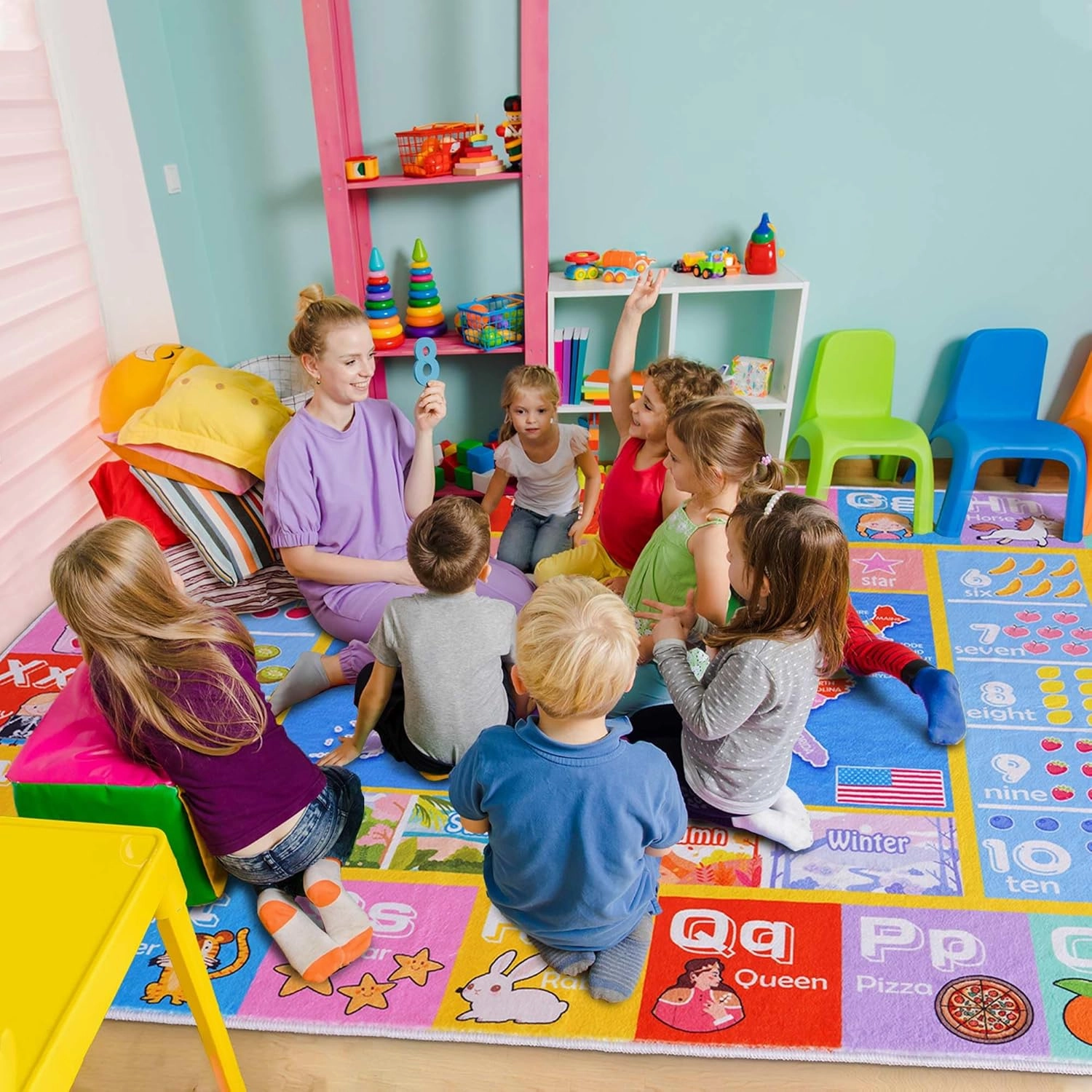 Kids Rugs for Playroom - Soft & Non-Slip 3x4 Feet Educational Rug for Learning ABC Alphabet, Numbers, Shapes & Map, Washable Classroom Rug for Toddler Nursery & Kids Room Decor