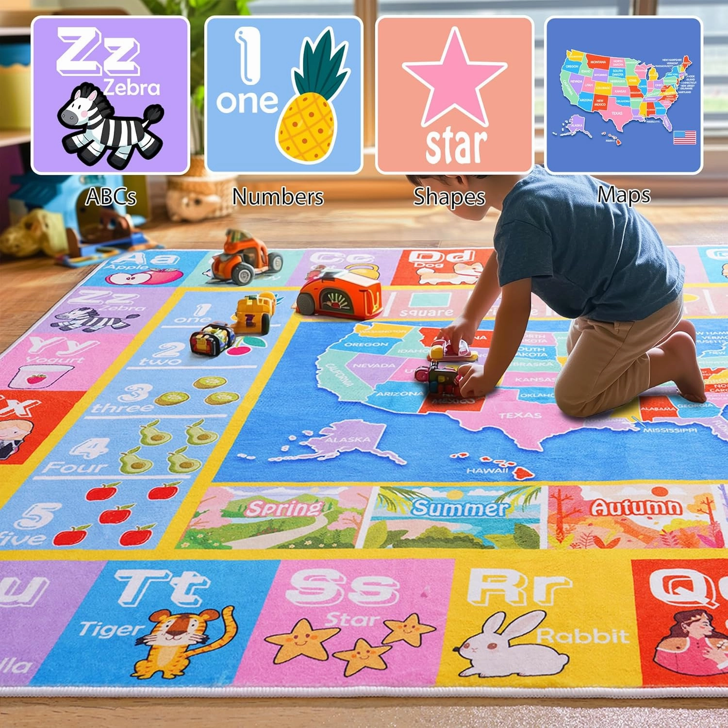 Kids Rugs for Playroom - Soft & Non-Slip 3x4 Feet Educational Rug for Learning ABC Alphabet, Numbers, Shapes & Map, Washable Classroom Rug for Toddler Nursery & Kids Room Decor