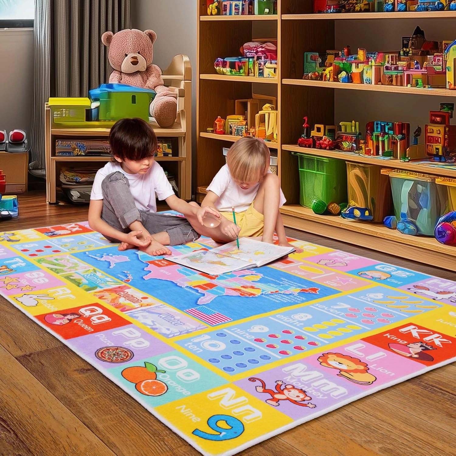 Kids Rugs for Playroom - Soft & Non-Slip 3x4 Feet Educational Rug for Learning ABC Alphabet, Numbers, Shapes & Map, Washable Classroom Rug for Toddler Nursery & Kids Room Decor