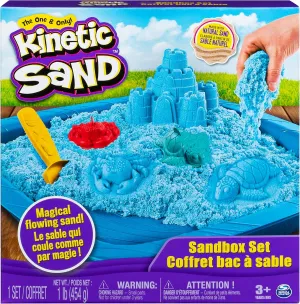 Kinetic Sand, Sandbox Set Kids Toy with 1lb All-Natural Blue and 3 Molds, Sensory Toys for Kids Ages 3 and Up