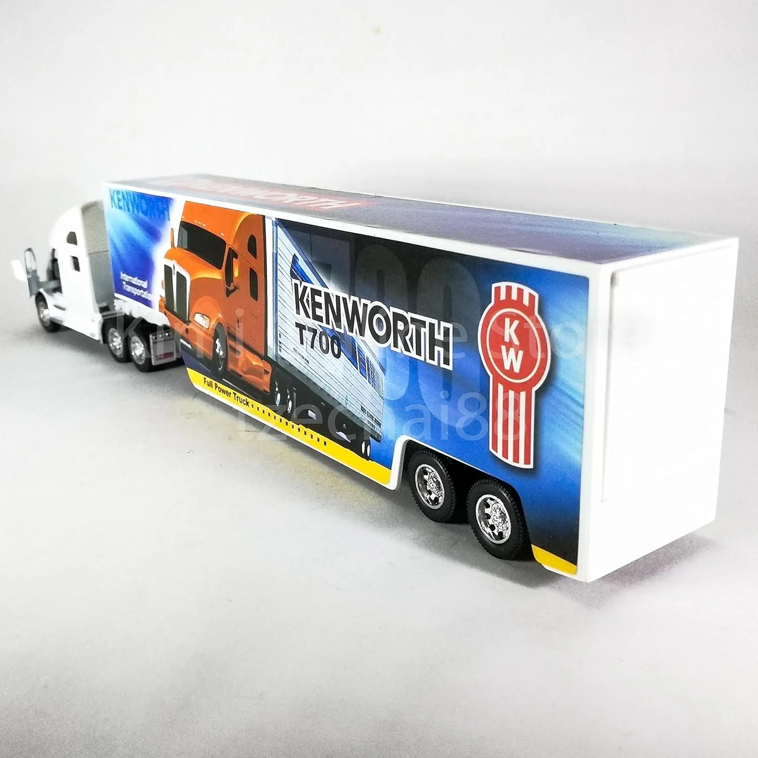 KiNSMART Kenworth T700 Container Truck, 1:68 Scale, Die Cast Metal Model, White with Decals, Pullback Action