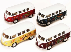 KiNSMART 1962 Volkswagen Classic Bus Set of 4 with Hippy Decals Bus 1:32 Scale 5 Inch Die Cast Metal Model Toy Van, Pullback Acation