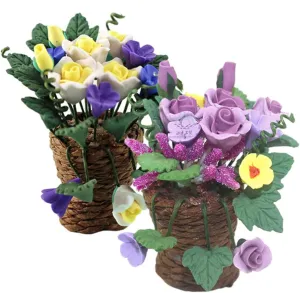 Kisangel 2Pcs Flower Basket Ornaments DIY Micro Landscape Bonsai Decor for Dollhouse Adorable Desktop Decoration Creative Floral Design Present for Miniature Collectors