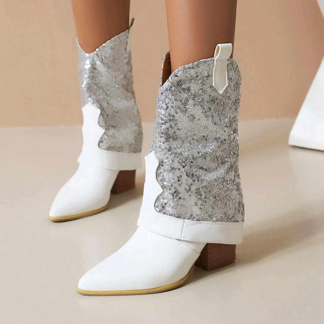 KiutSymo Sparkly Mid Calf Cowgirl Boots For Women Pointed Toe Pull-on Tabs Sequins Cowboy Boots