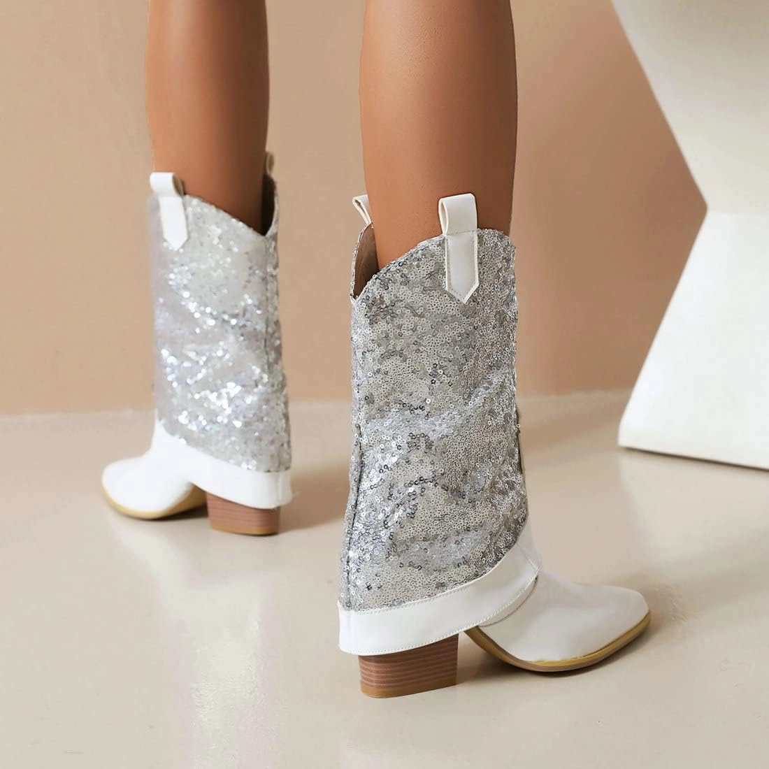 KiutSymo Sparkly Mid Calf Cowgirl Boots For Women Pointed Toe Pull-on Tabs Sequins Cowboy Boots