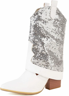 KiutSymo Sparkly Mid Calf Cowgirl Boots For Women Pointed Toe Pull-on Tabs Sequins Cowboy Boots