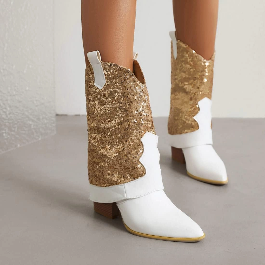 KiutSymo Sparkly Mid Calf Cowgirl Boots For Women Pointed Toe Pull-on Tabs Sequins Cowboy Boots