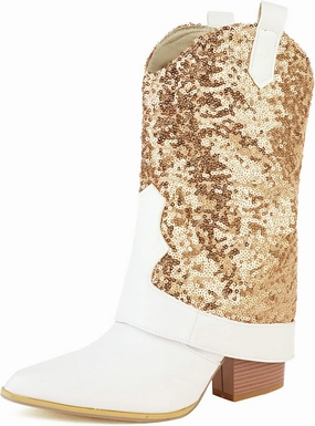 KiutSymo Sparkly Mid Calf Cowgirl Boots For Women Pointed Toe Pull-on Tabs Sequins Cowboy Boots