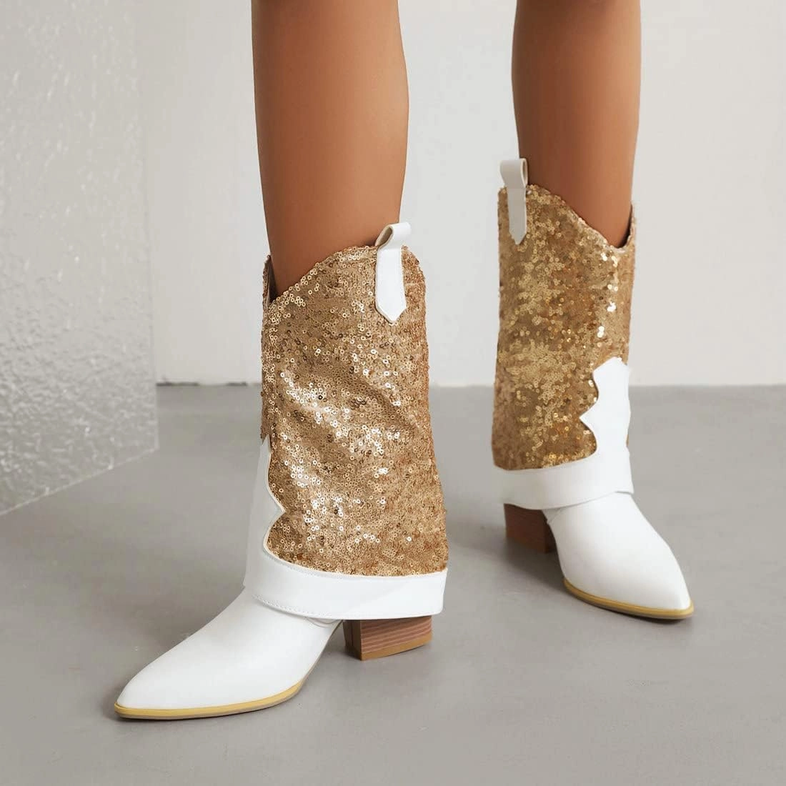 KiutSymo Sparkly Mid Calf Cowgirl Boots For Women Pointed Toe Pull-on Tabs Sequins Cowboy Boots