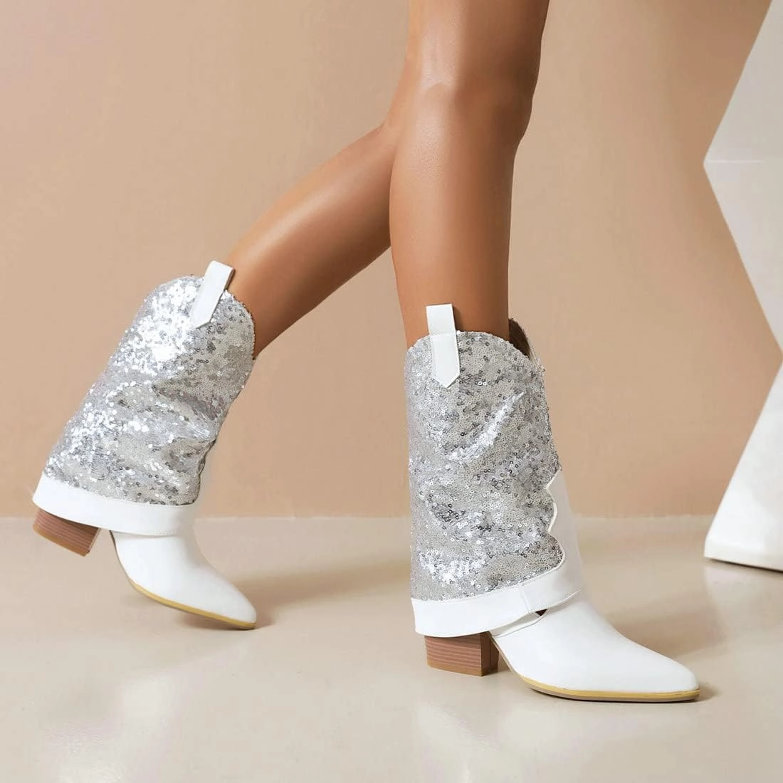KiutSymo Sparkly Mid Calf Cowgirl Boots For Women Pointed Toe Pull-on Tabs Sequins Cowboy Boots