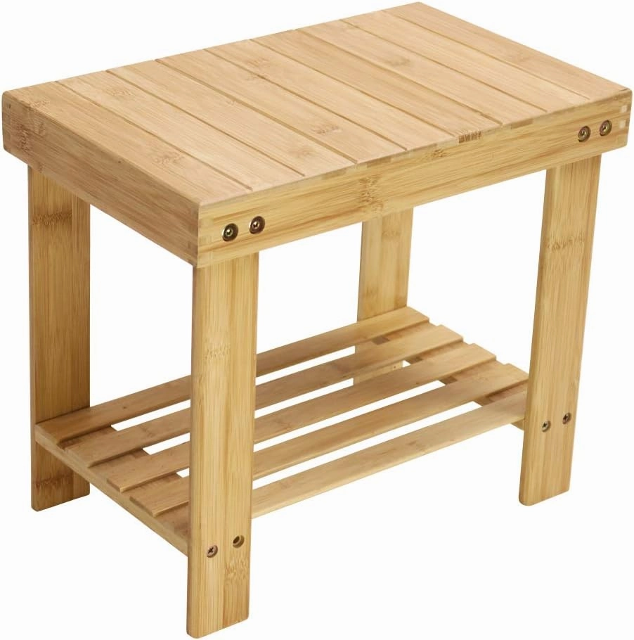 KKTONER Bamboo Step Stool with Storage Shower Bench with Shelf Foot Stool for Bathroom Living Room Bedroom Natural Color
