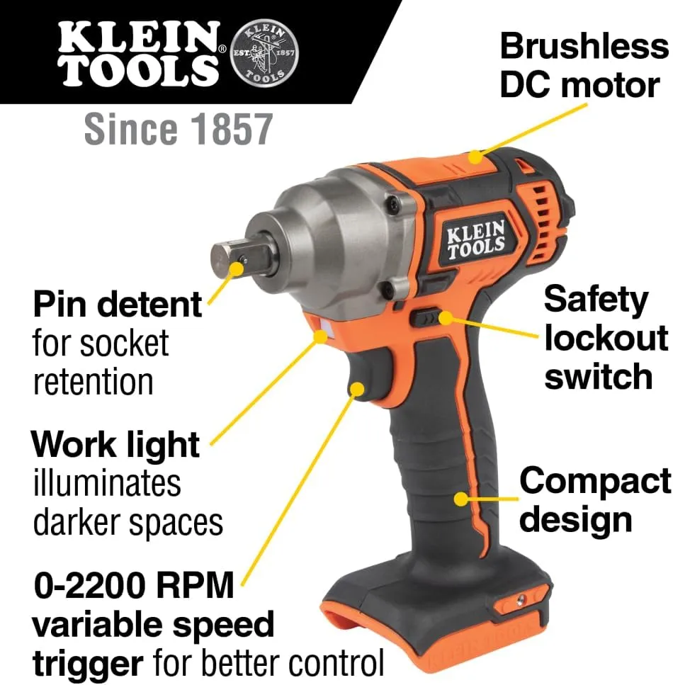 Klein Tools BAT20CW 1/2-Inch Battery-Operated Impact Wrench with Compact Design for Excellent Control in Tight Spaces (Power Tool Only)