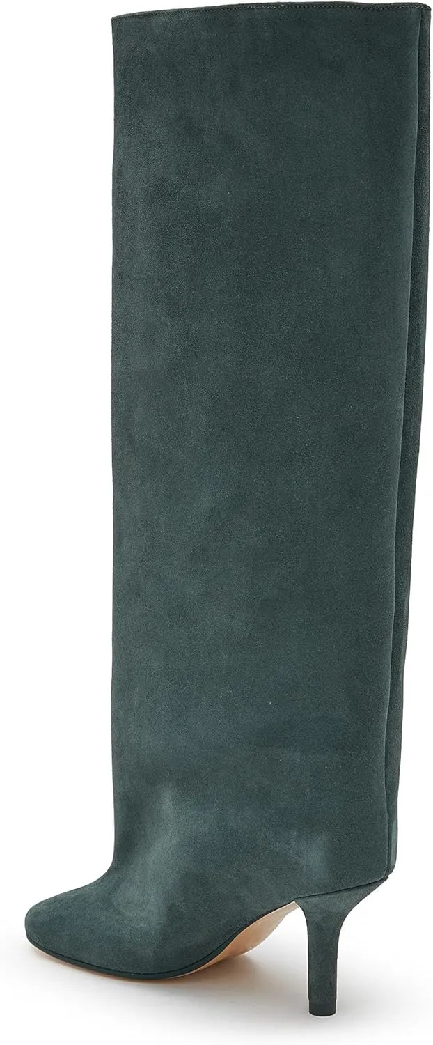 Knee High Boots for Women Faux Suede Wide Calf Square Toe Tall Stiletto Heels Long Fall Pull on Fashion Casual Cute