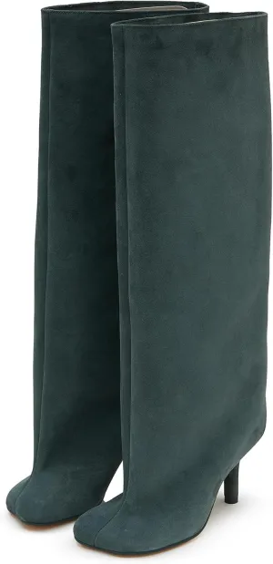 Knee High Boots for Women Faux Suede Wide Calf Square Toe Tall Stiletto Heels Long Fall Pull on Fashion Casual Cute