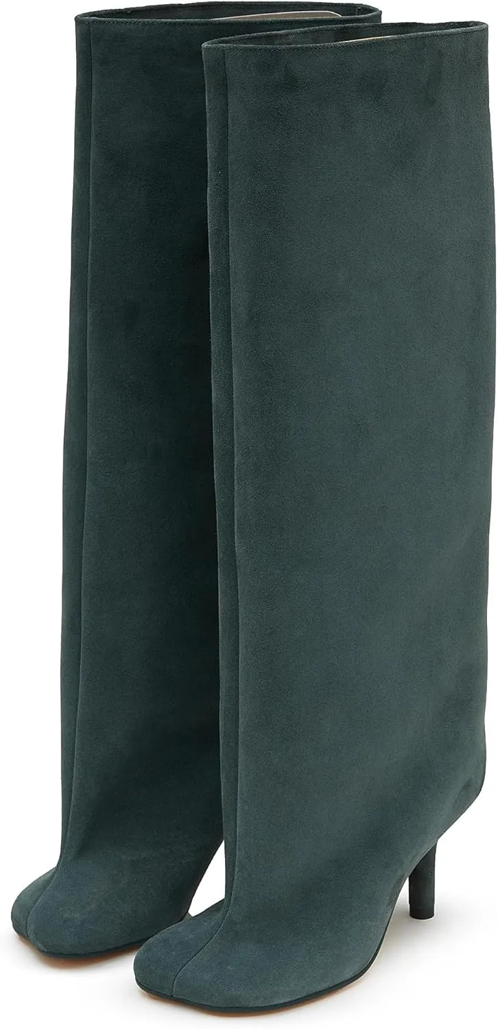 Knee High Boots for Women Faux Suede Wide Calf Square Toe Tall Stiletto Heels Long Fall Pull on Fashion Casual Cute