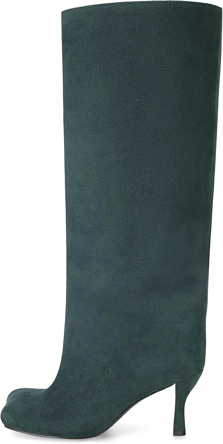 Knee High Boots for Women Faux Suede Wide Calf Square Toe Tall Stiletto Heels Long Fall Pull on Fashion Casual Cute