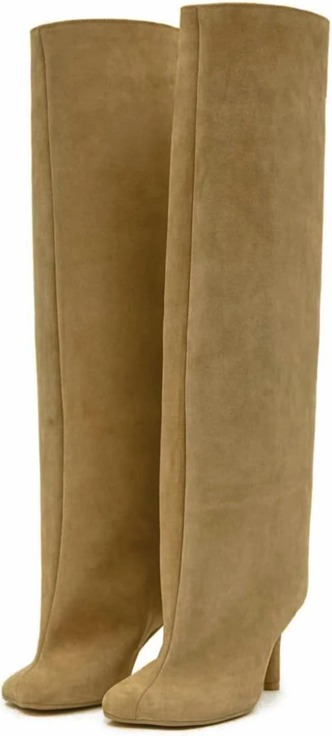 Knee High Boots for Women Faux Suede Wide Calf Square Toe Tall Stiletto Heels Long Fall Pull on Fashion Casual Cute