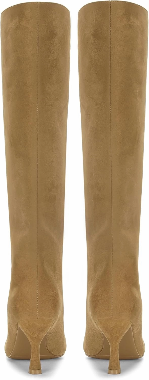 Knee High Boots for Women Faux Suede Wide Calf Square Toe Tall Stiletto Heels Long Fall Pull on Fashion Casual Cute