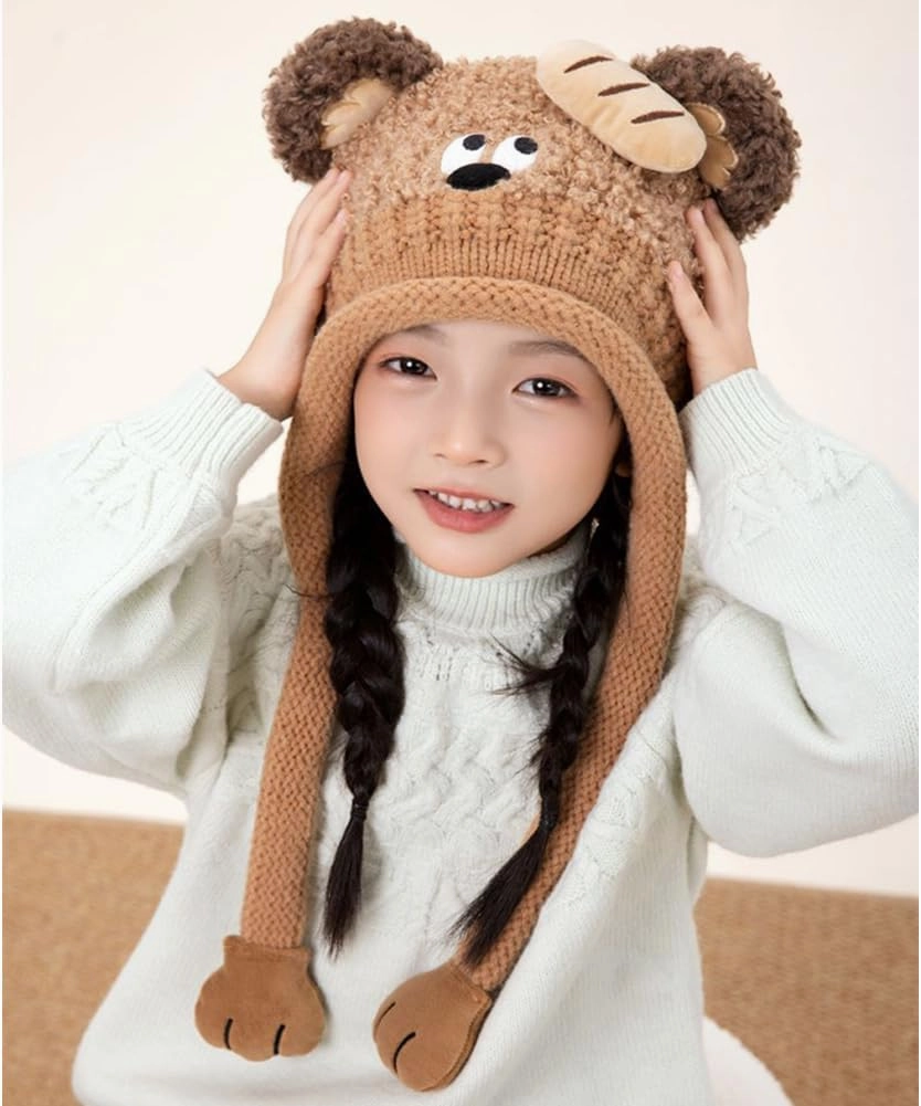 Knit Hats Winter Fleece Lining Skiing Winter Caps for Boys Girls Cute Animal Character with Warm Ear Flap
