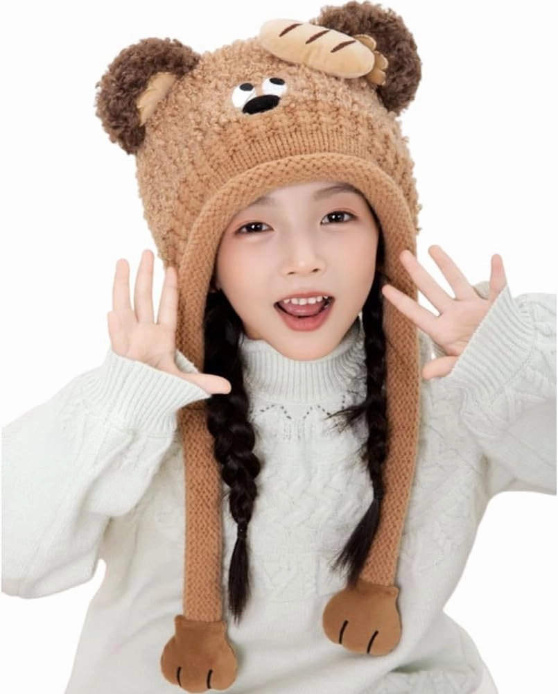 Knit Hats Winter Fleece Lining Skiing Winter Caps for Boys Girls Cute Animal Character with Warm Ear Flap