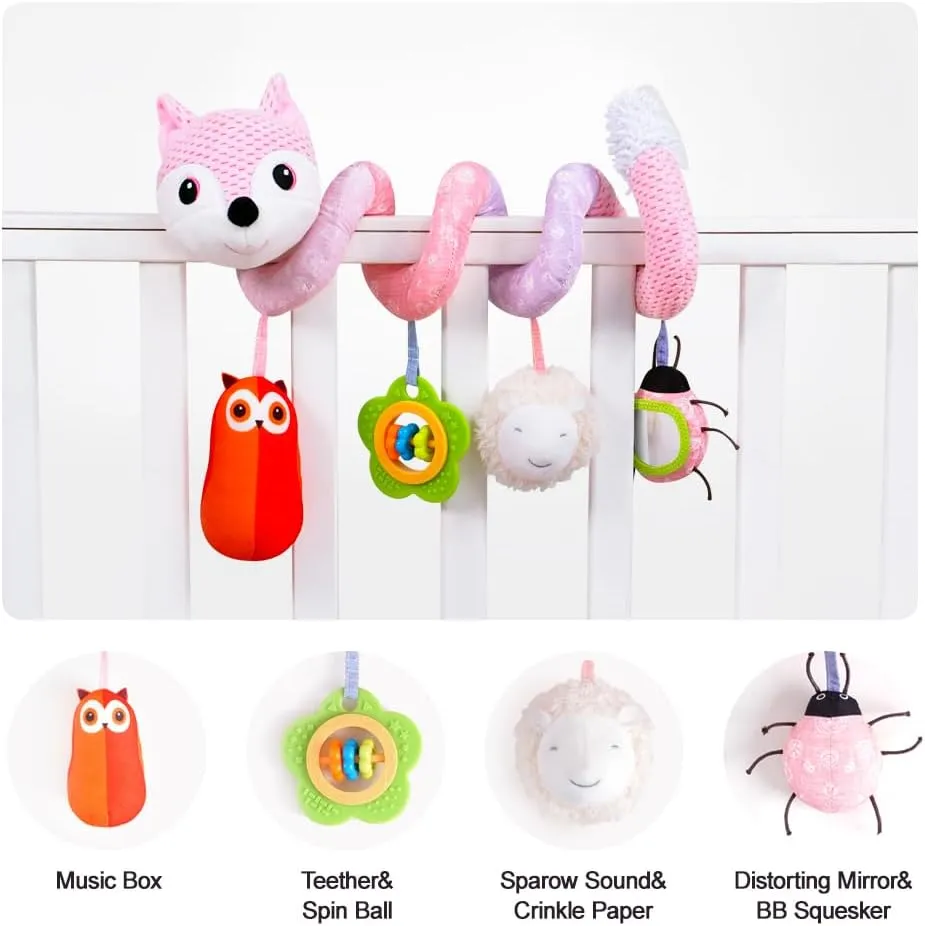 Koty Car Seat Toys, Infant Baby Spiral Plush Activity Hanging Toy for Stroller Bar Pram Crib with Music Box BB Squeaker & Rattles(Pink Fox)