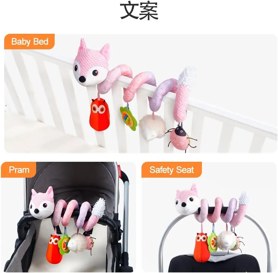 Koty Car Seat Toys, Infant Baby Spiral Plush Activity Hanging Toy for Stroller Bar Pram Crib with Music Box BB Squeaker & Rattles(Pink Fox)