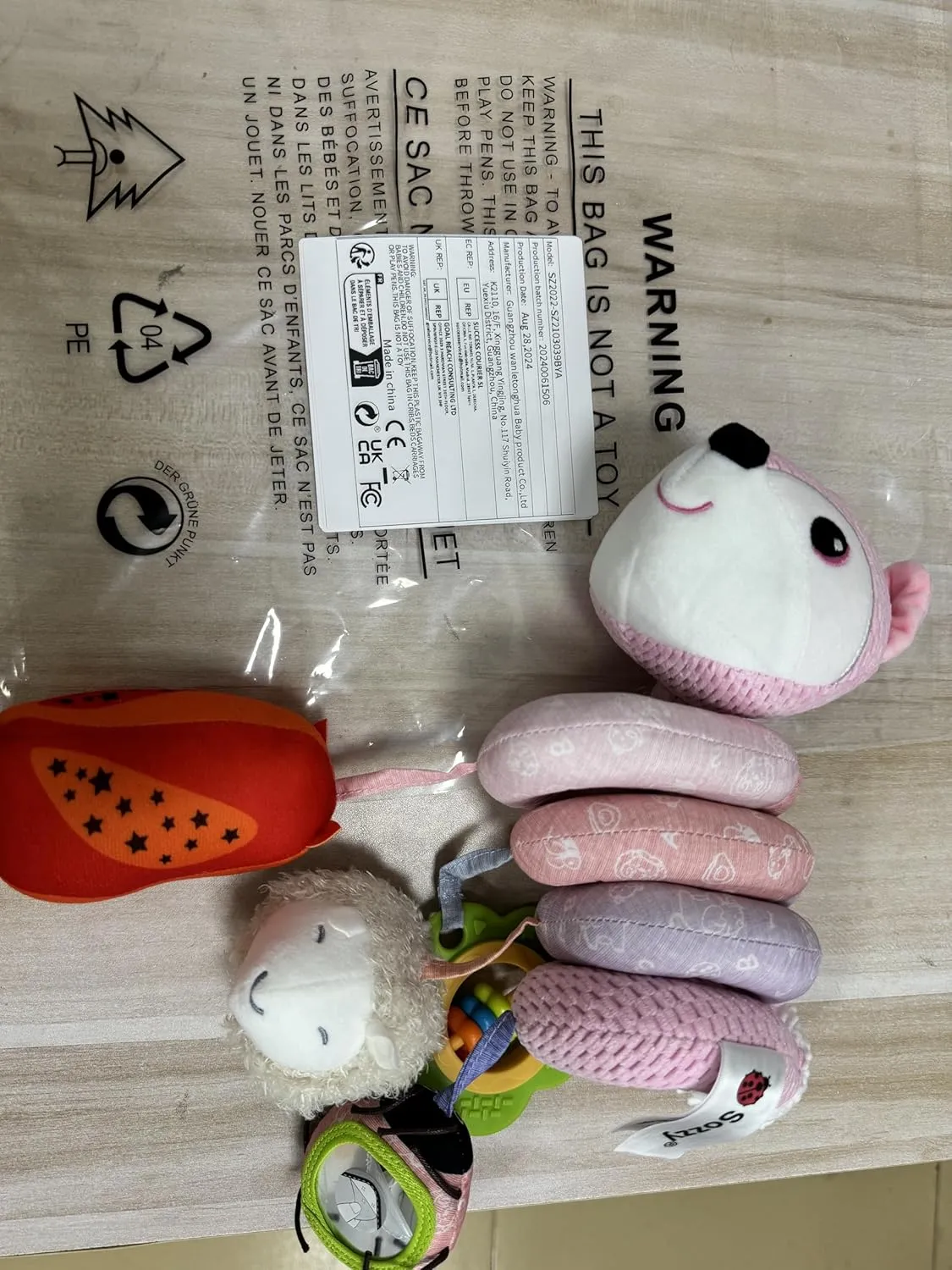 Koty Car Seat Toys, Infant Baby Spiral Plush Activity Hanging Toy for Stroller Bar Pram Crib with Music Box BB Squeaker & Rattles(Pink Fox)
