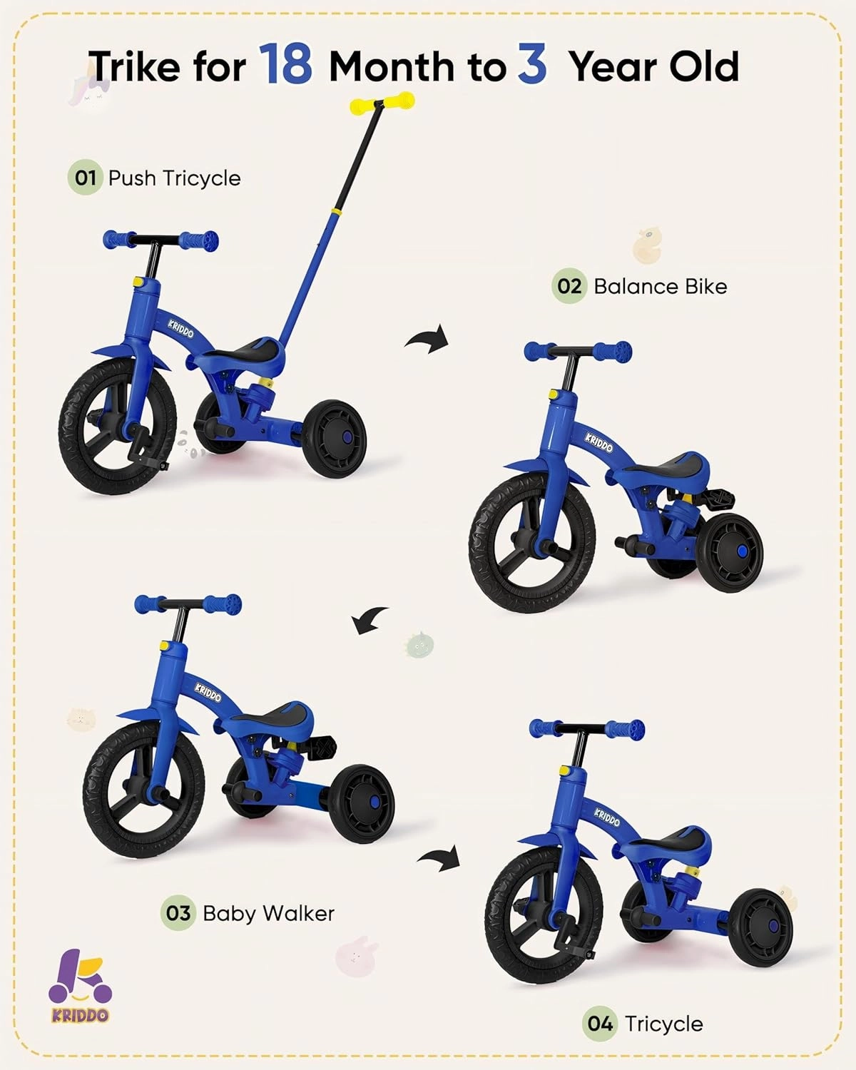 KRIDDO 4-in-1 Kids Tricycle for 1.5 to 3 Yea Old with Parent Steering Push Handle, 12 Inch Front Wheel Trike, Toddler Balance Bike for Boys Girls 18 Months to 3 Years, Adjustable Height, Blue