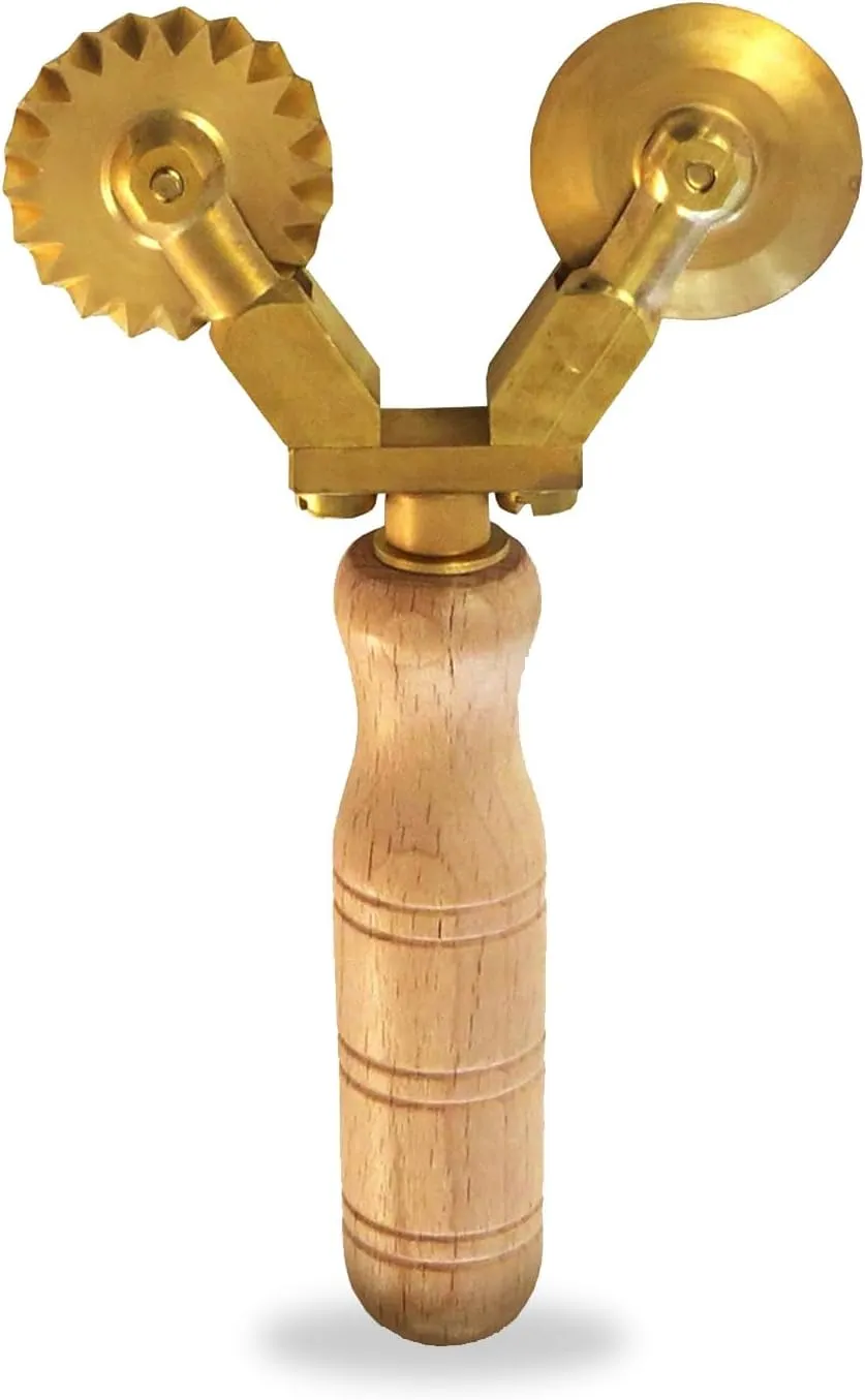 La Gondola Homemade Pasta Cutter - Double Wheel (Festooned & Smooth) | Pasta Making Tool for Home and Business | Brass & Natural Wood | Easy to Use Pasta Cutting Tool | Ravioli Cutter Made in Italy