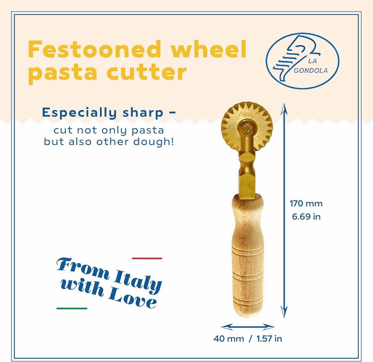 La Gondola Homemade Pasta Cutter - Festooned Wheel | Italian Pasta Making Tool for Home and Business | Brass & Natural Wood | Safe & Easy to Use Pasta Cutting Tool | Ravioli Cutter Made in Italy